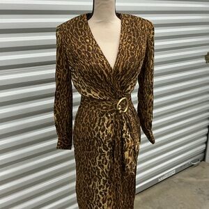 Gillian Vintage 100% Silk Leopard Print Wrap Dress | Gold Buckle | Size 6